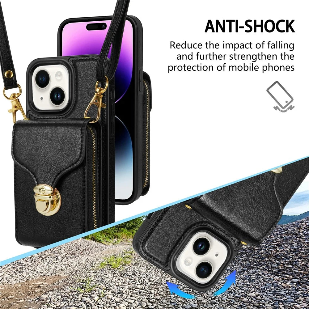 For iPhone 15 Card Slot Phone Case PU Leather Coated TPU Zipper Pocket Kickstand Cover with Shoulder Strap - Black - 6