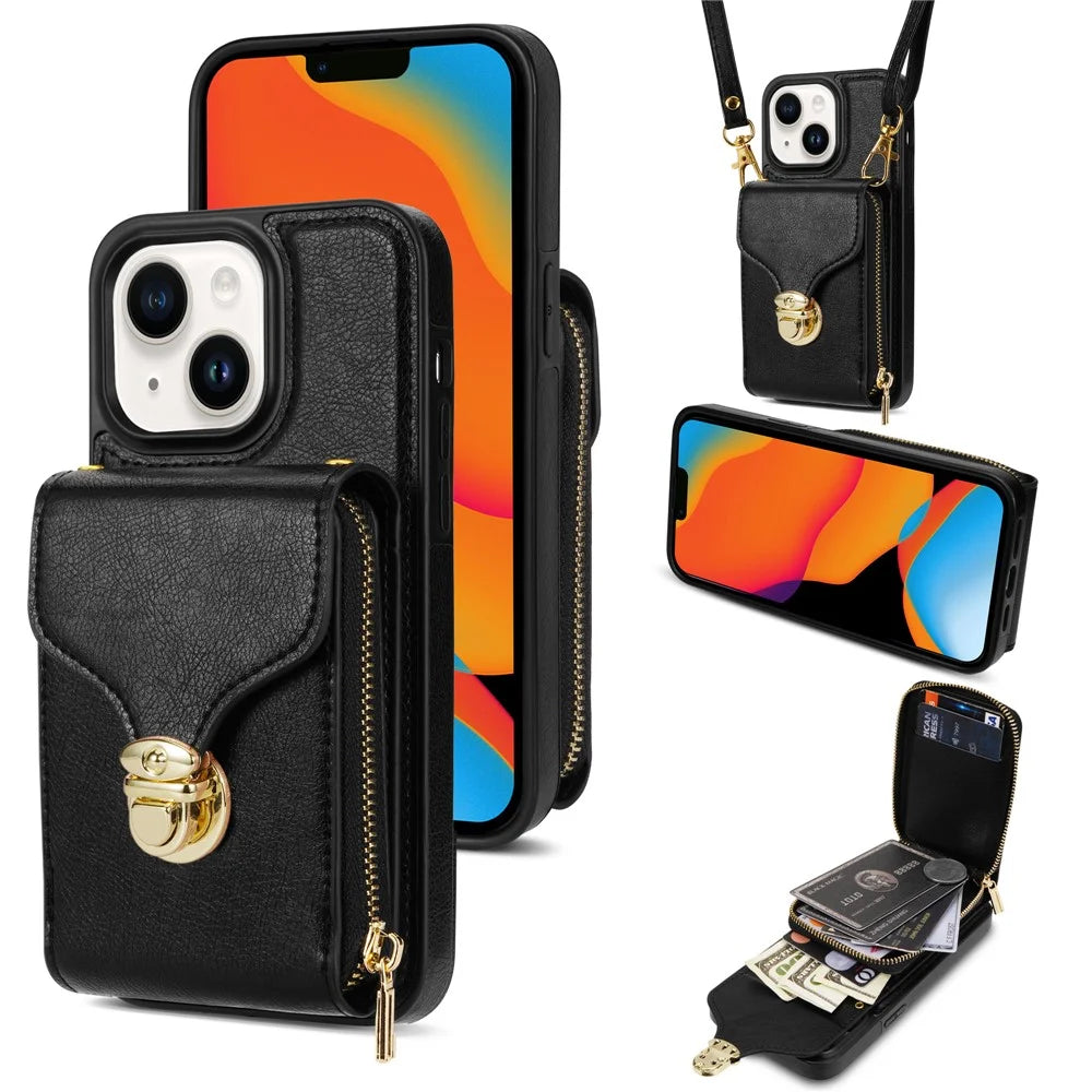For iPhone 15 Plus PU Leather Coated TPU Card Slot Cover Zipper Pocket Kickstand Phone Case with Shoulder Strap - Black - 1