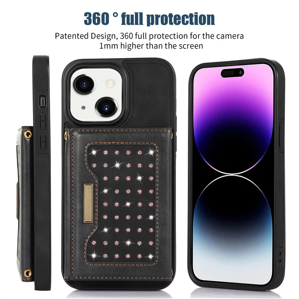 For iPhone 15 RFID Blocking PU Leather + TPU Phone Case Rhinestone Decor Wallet Kickstand Cover with Shoulder Strap - Black - 5
