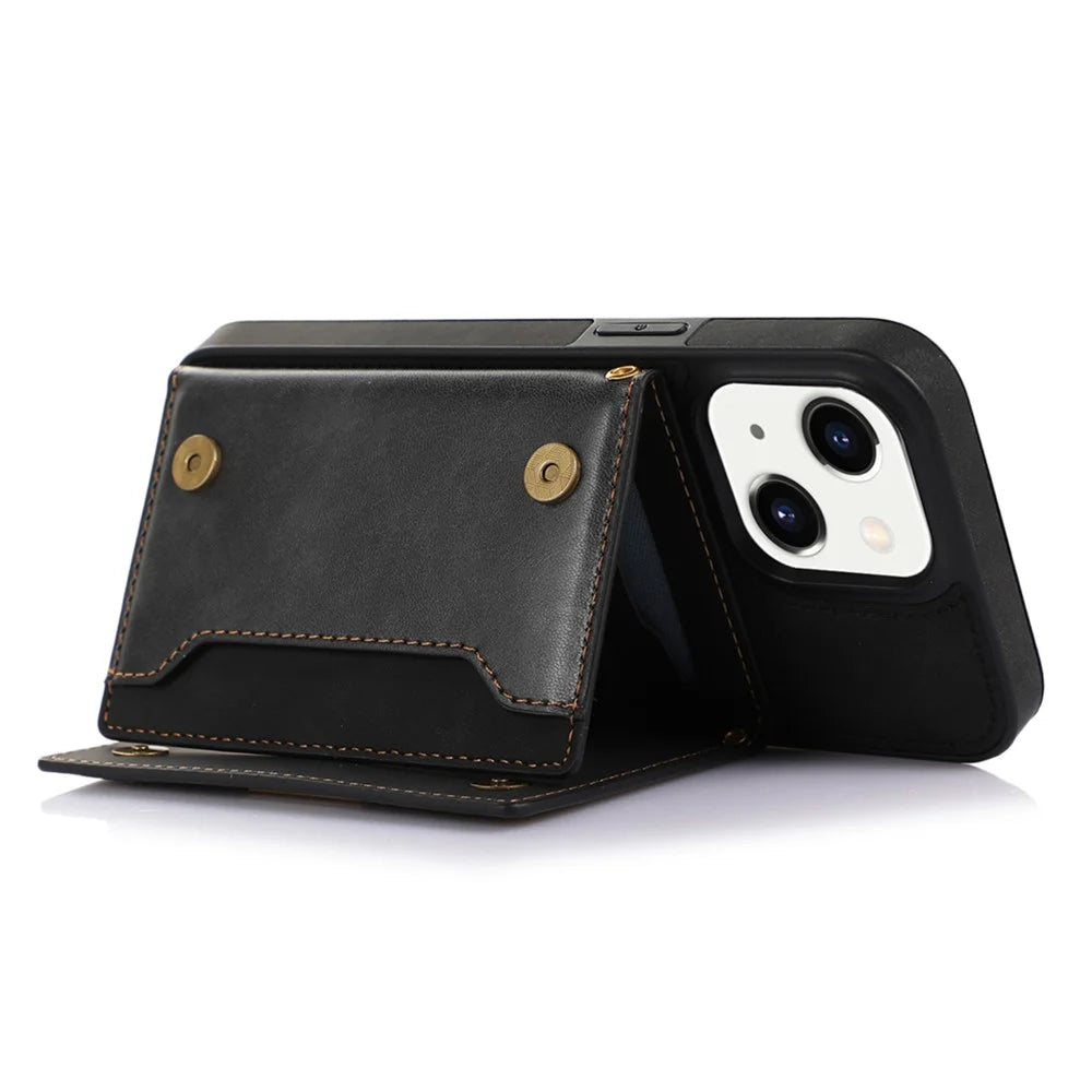 For iPhone 15 Plus Wallet RFID Blocking Phone Case Kickstand PU Leather + TPU Rhinestone Decor Cover with Shoulder Strap - Black - 3