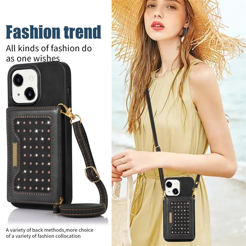 For iPhone 15 Plus Wallet RFID Blocking Phone Case Kickstand PU Leather + TPU Rhinestone Decor Cover with Shoulder Strap - Black - 6