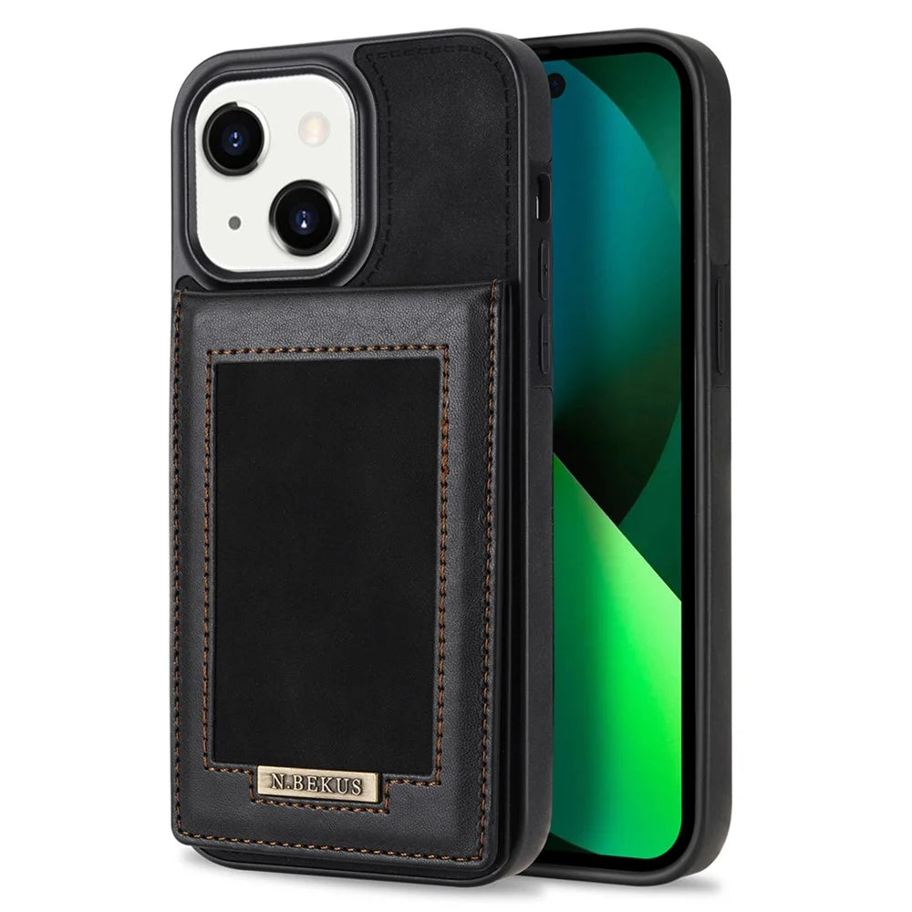N.BEKUS RFID Blocking Phone Case for iPhone 15 , Card Holder Kickstand Leather Coated TPU Cover - Black - 1