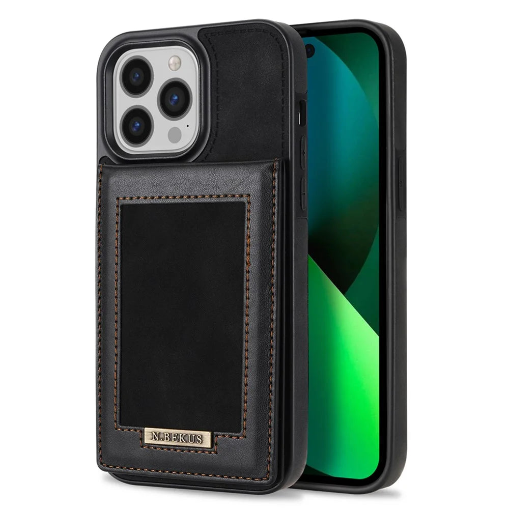 N.BEKUS Leather Coated TPU Case for iPhone 15 Pro Max , Card Holder RFID Blocking Phone Kickstand Cover - Black - 1