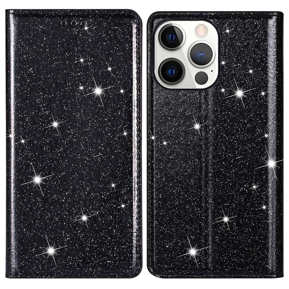For iPhone 15 Pro Max Card Holder Phone Cover Glitter PU Leather Stand Smartphone Case - Black - 1