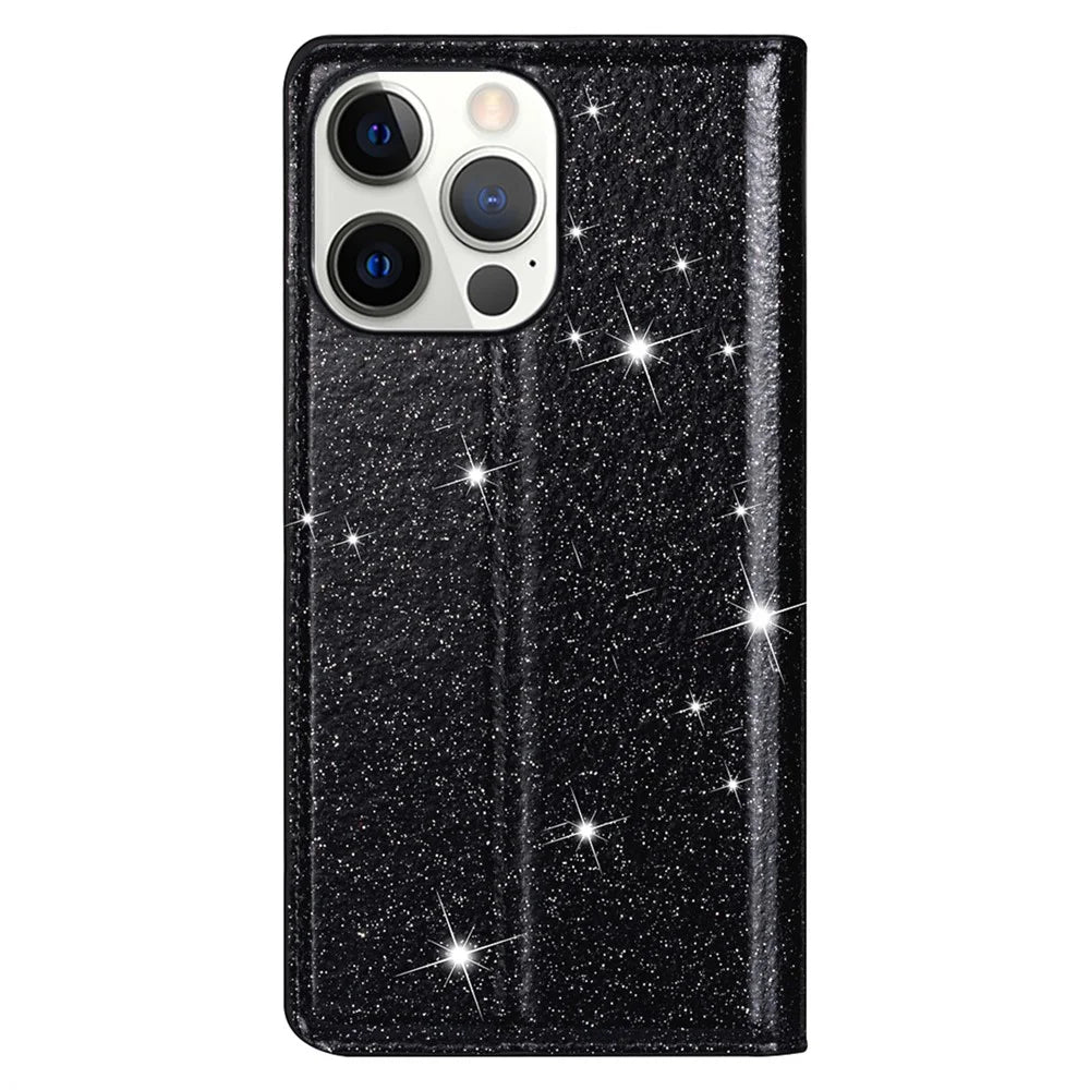 For iPhone 15 Pro Max Card Holder Phone Cover Glitter PU Leather Stand Smartphone Case - Black - 7