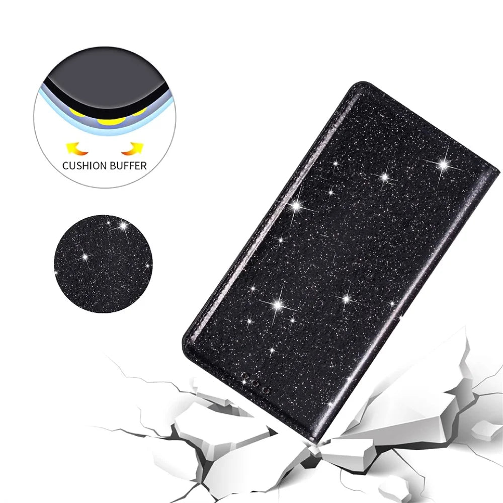 Glitter PU Leather Stand Phone Case for iPhone 15 , Card Holder Anti-drop Phone Cover - Black - 4