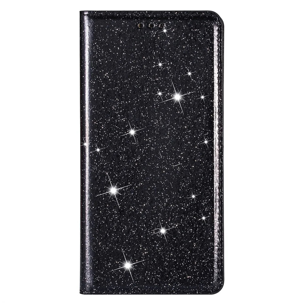 Glitter PU Leather Stand Phone Case for iPhone 15 , Card Holder Anti-drop Phone Cover - Black - 6
