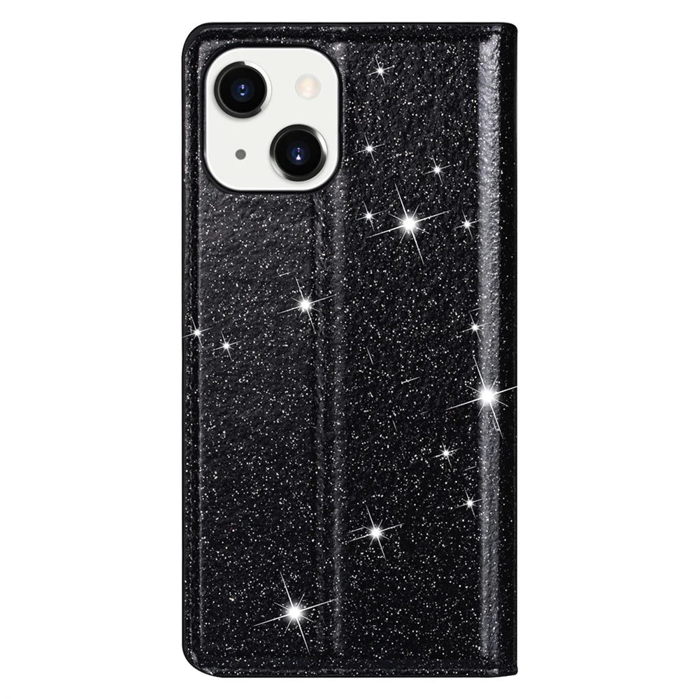 Glitter PU Leather Stand Phone Case for iPhone 15 , Card Holder Anti-drop Phone Cover - Black - 7