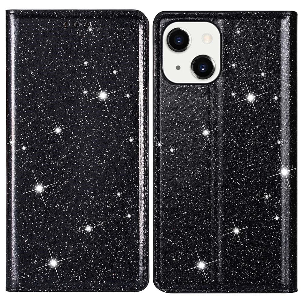 For iPhone 15 Plus Card Holder Phone Leather Case Full Protection Stand Glitter Phone Cover - Black - 1