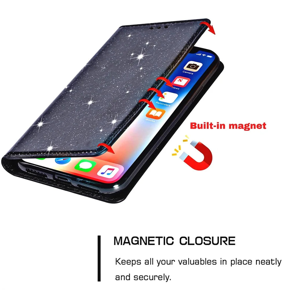 For iPhone 15 Plus Card Holder Phone Leather Case Full Protection Stand Glitter Phone Cover - Black - 5