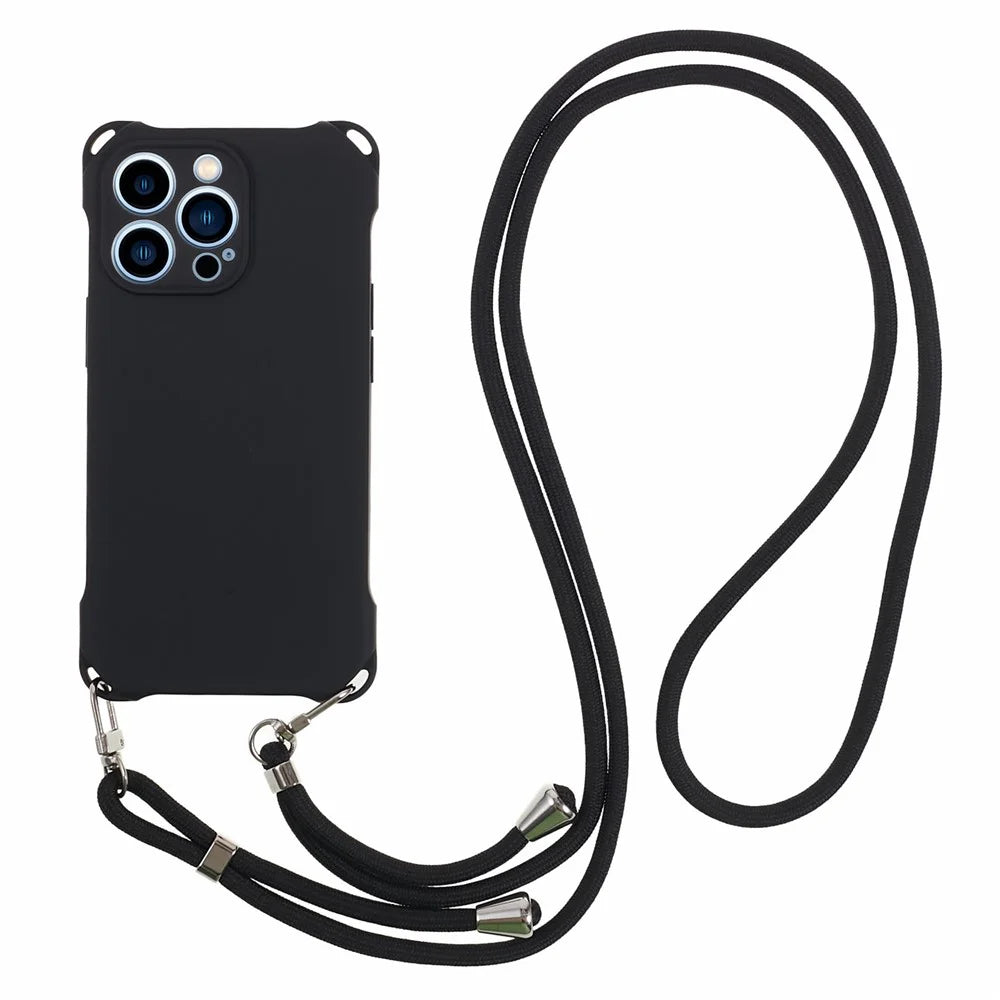 For iPhone 14 Pro Phone Cover Shell Four Corner Thickened Shockproof TPU Phone Case with 150cm Hanging Rope - Black - 1