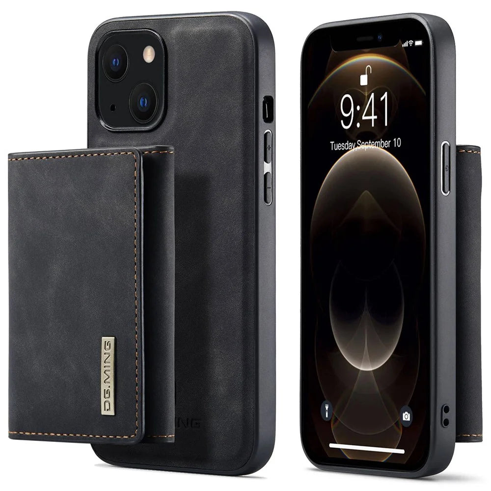 DG.MING M1 Series Magnetic Wallet Phone Case for iPhone 15 Plus PC+TPU+PU Kickstand Phone Shell - Black - 1