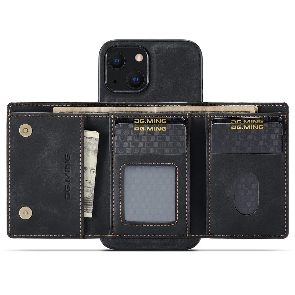 DG.MING M1 Series Magnetic Wallet Phone Case for iPhone 15 Plus PC+TPU+PU Kickstand Phone Shell - Black - 2
