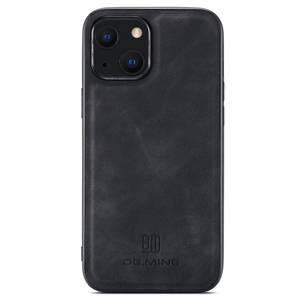DG.MING M1 Series Magnetic Wallet Phone Case for iPhone 15 Plus PC+TPU+PU Kickstand Phone Shell - Black - 5