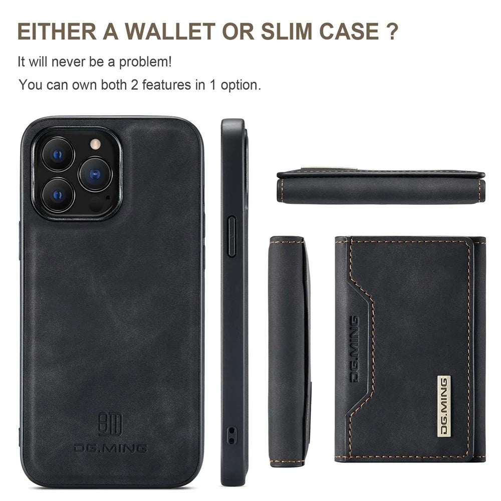 DG.MING M2 Series for iPhone 15 Pro Max Shockproof Case PU+PC+TPU Magnetic Wallet Phone Cover with Kickstand - Black - 6