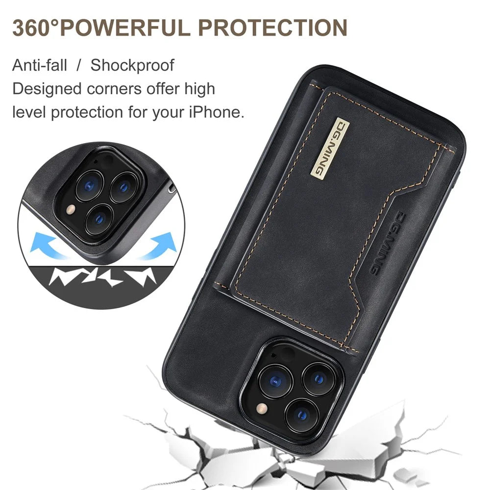 DG.MING M2 Series for iPhone 15 Pro Max Shockproof Case PU+PC+TPU Magnetic Wallet Phone Cover with Kickstand - Black - 7