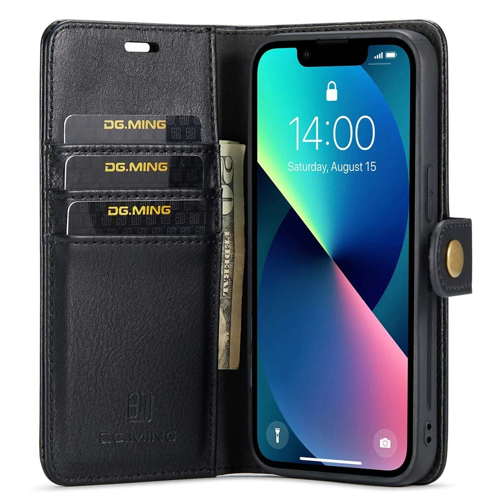 DG.MING For iPhone 15 Anti-Scratch Split Leather Wallet Stand Cover Detachable Magnetic Phone Case Shell - Black - 2