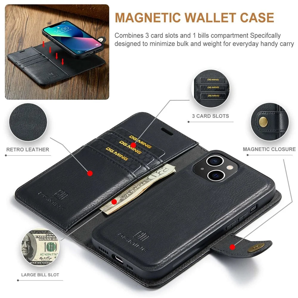 DG.MING For iPhone 15 Anti-Scratch Split Leather Wallet Stand Cover Detachable Magnetic Phone Case Shell - Black - 5