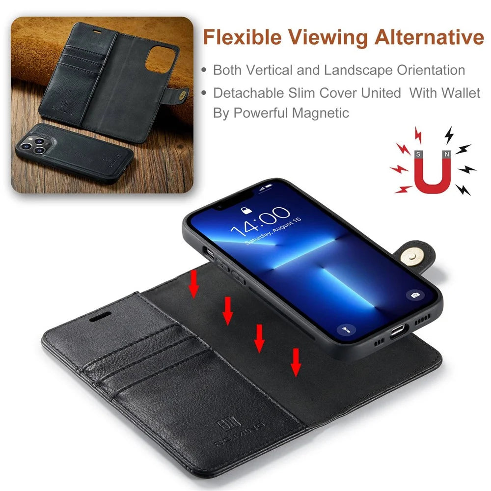 DG.MING For iPhone 15 Pro Phone Case Shockproof Split Leather Detachable Magnetic Phone Shell Wallet Stand Cover - Black - 7