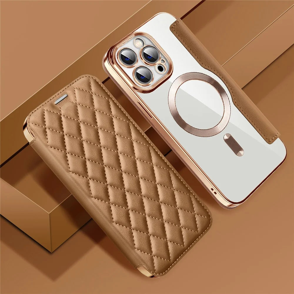 For iPhone 11 Pro Max RFID Blocking Anti Fall Cover with Lens Film Rhombus Leather Card Holder Case Compatible with MagSafe - Brown - 2