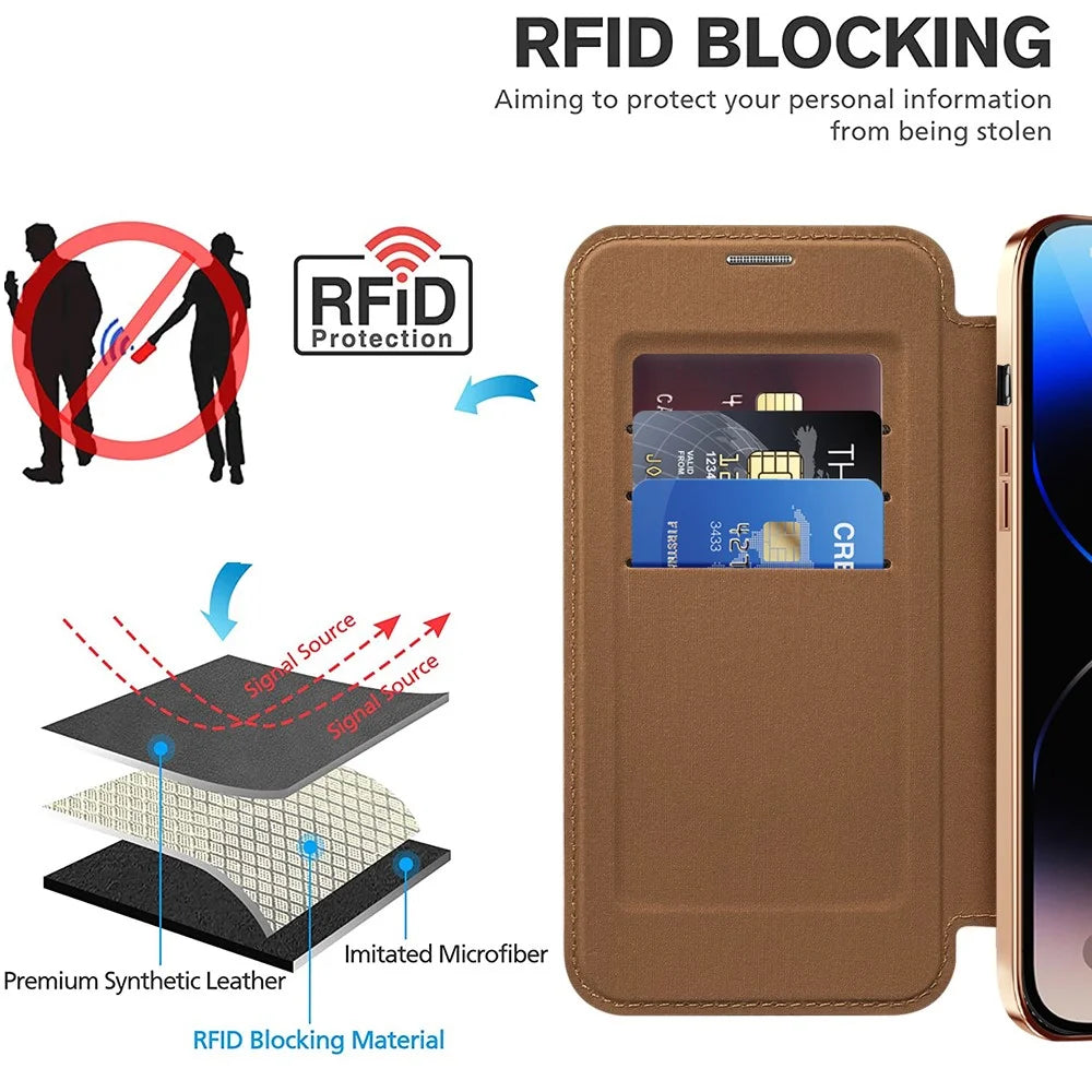 For iPhone 11 Pro Max RFID Blocking Anti Fall Cover with Lens Film Rhombus Leather Card Holder Case Compatible with MagSafe - Brown - 5