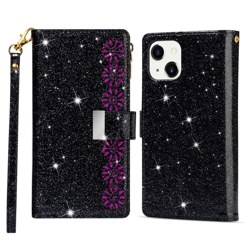 For iPhone 15 Plus Glittery Leather Phone Case Zipper Wallet Stand Laser Carving Phone Cover - Black - 1