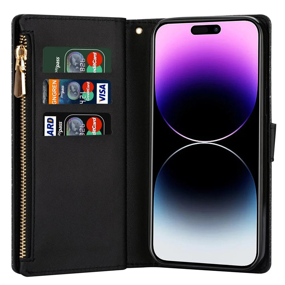 For iPhone 15 Plus Glittery Leather Phone Case Zipper Wallet Stand Laser Carving Phone Cover - Black - 2