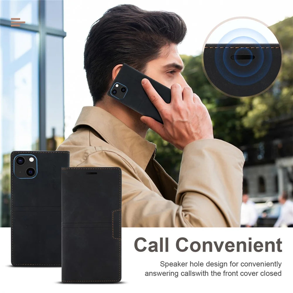For iPhone 15 Full Protection Phone Leather Case Wallet Stand Phone Cover - Black - 5