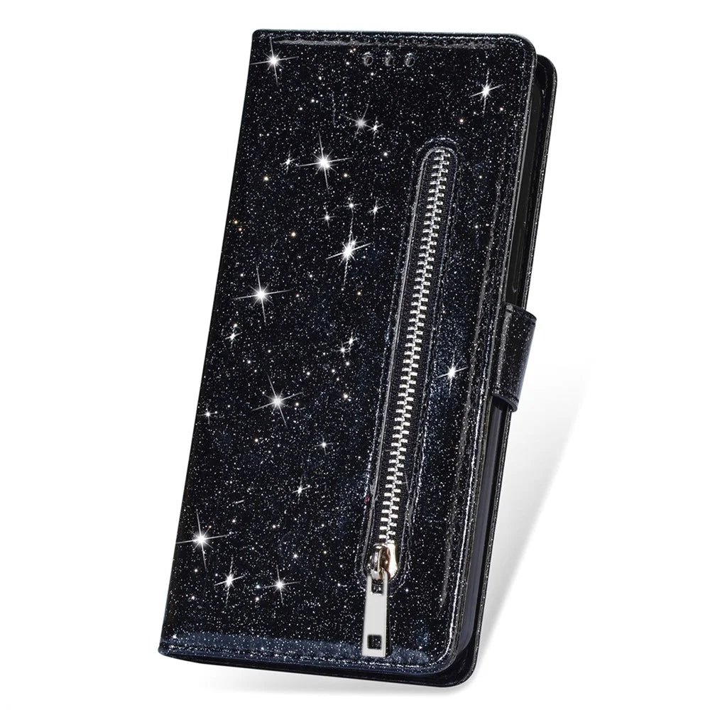For iPhone 15 Glittery Zipper Pocket Leather Case Wallet Stand Anti-drop Phone Cover - Black - 6