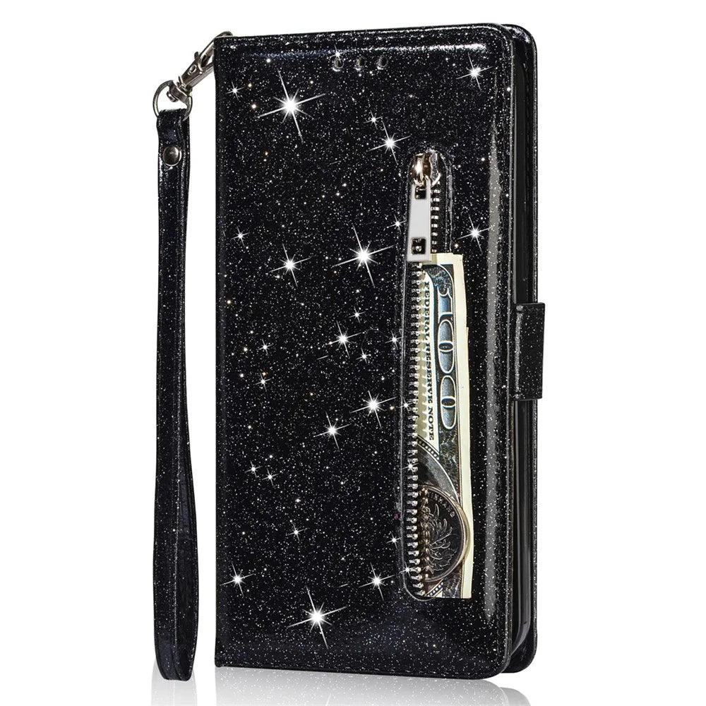 For iPhone 15 Glittery Zipper Pocket Leather Case Wallet Stand Anti-drop Phone Cover - Black - 7