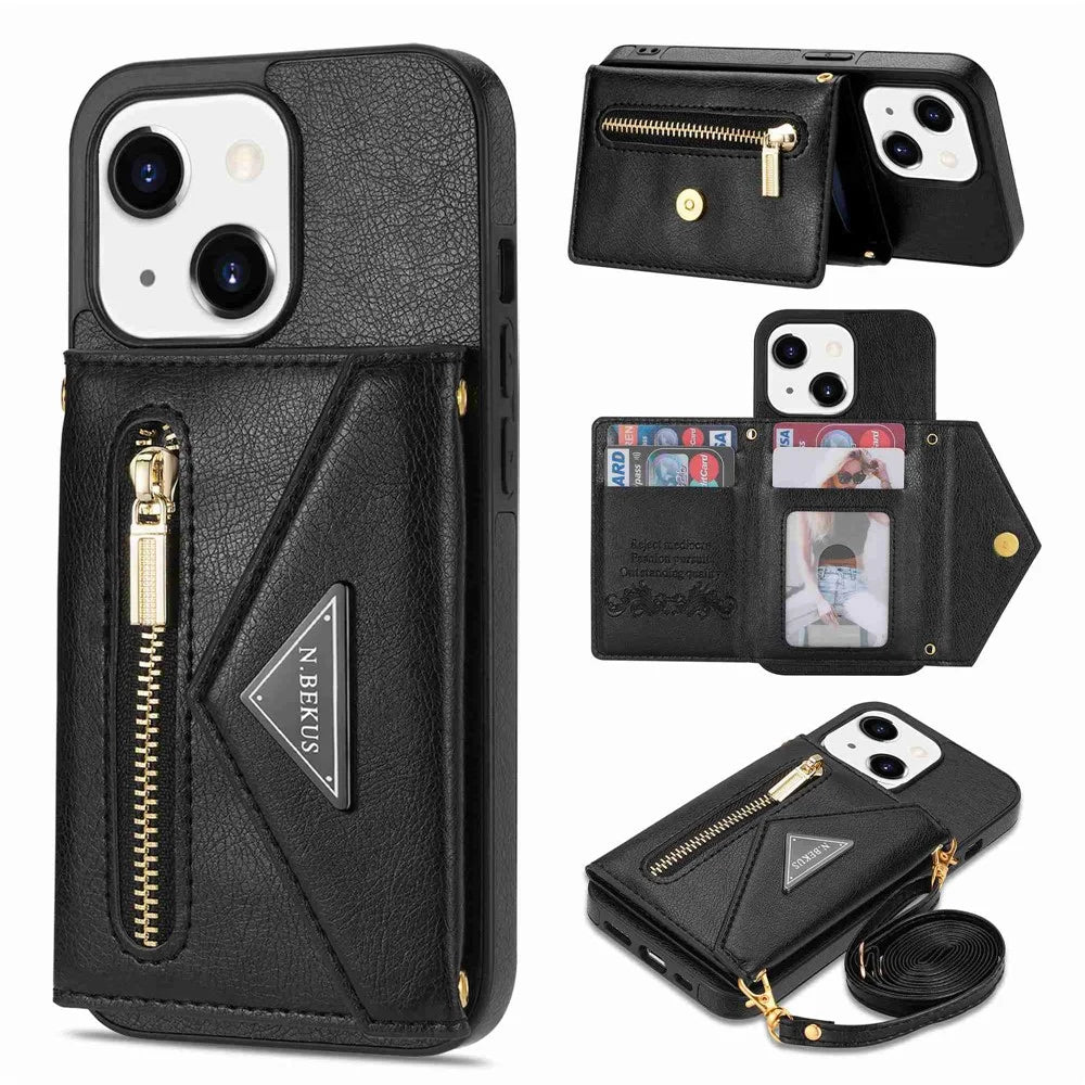 N.BEKUS PU Leather+TPU Cover for iPhone 15 , Zipper Pocket Wallet Kickstand Phone Case with Shoulder Strap - Black - 1
