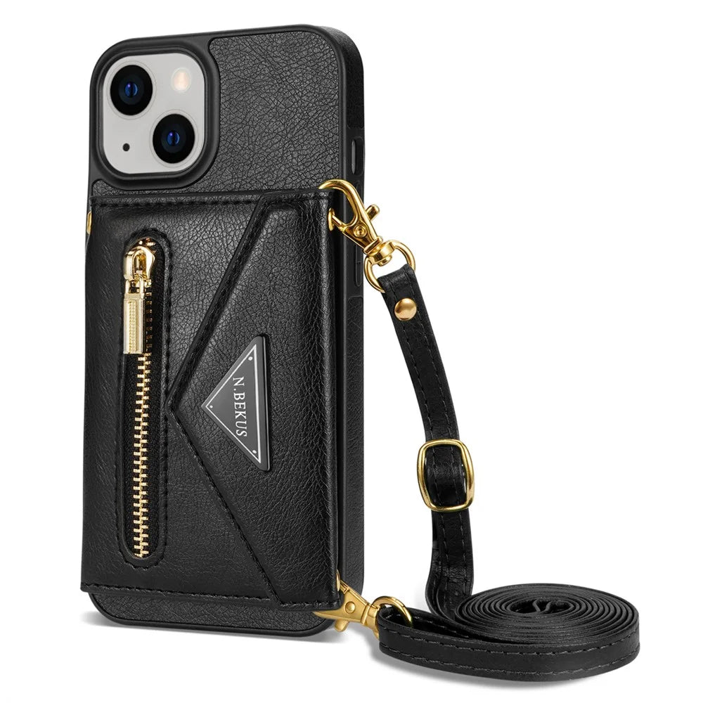N.BEKUS PU Leather+TPU Cover for iPhone 15 , Zipper Pocket Wallet Kickstand Phone Case with Shoulder Strap - Black - 2