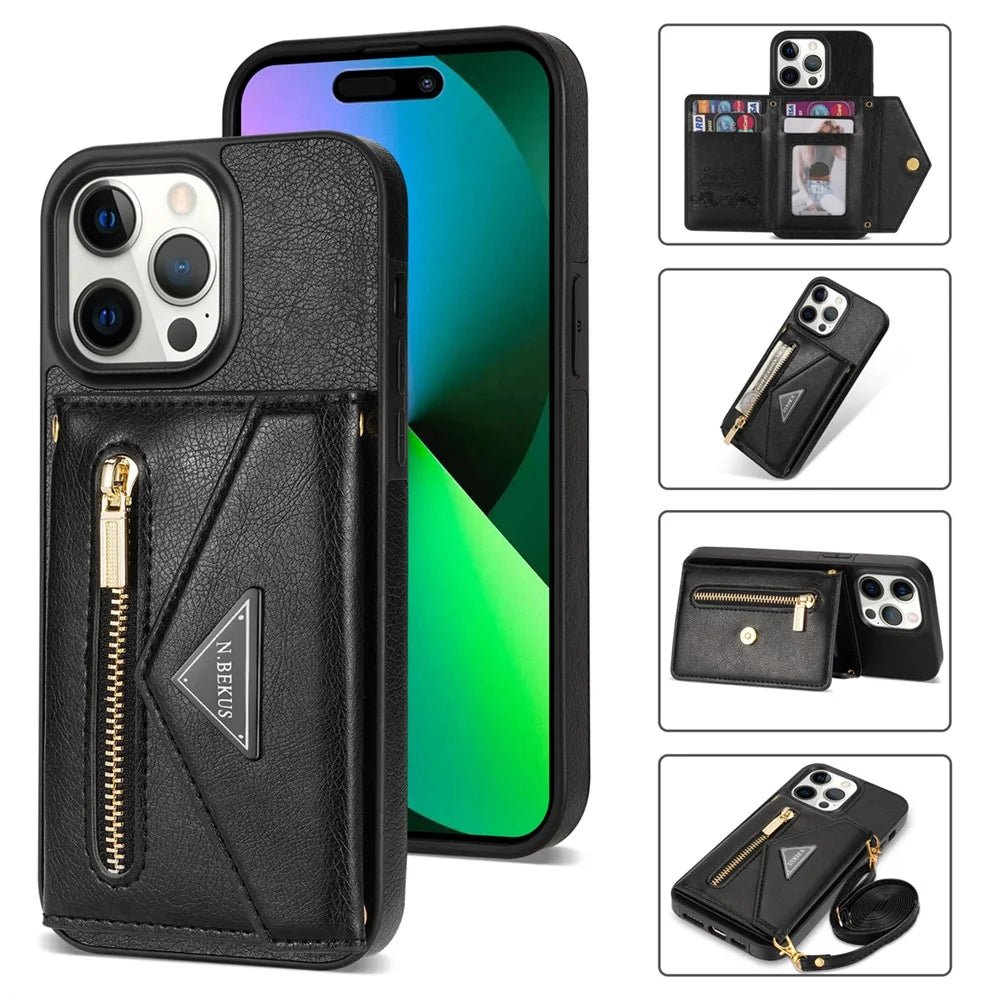 N.BEKUS Anti-drop Phone Cover for iPhone 15 Pro , Zipper Pocket Wallet Kickstand PU Leather+TPU Case with Shoulder Strap - Black - 1