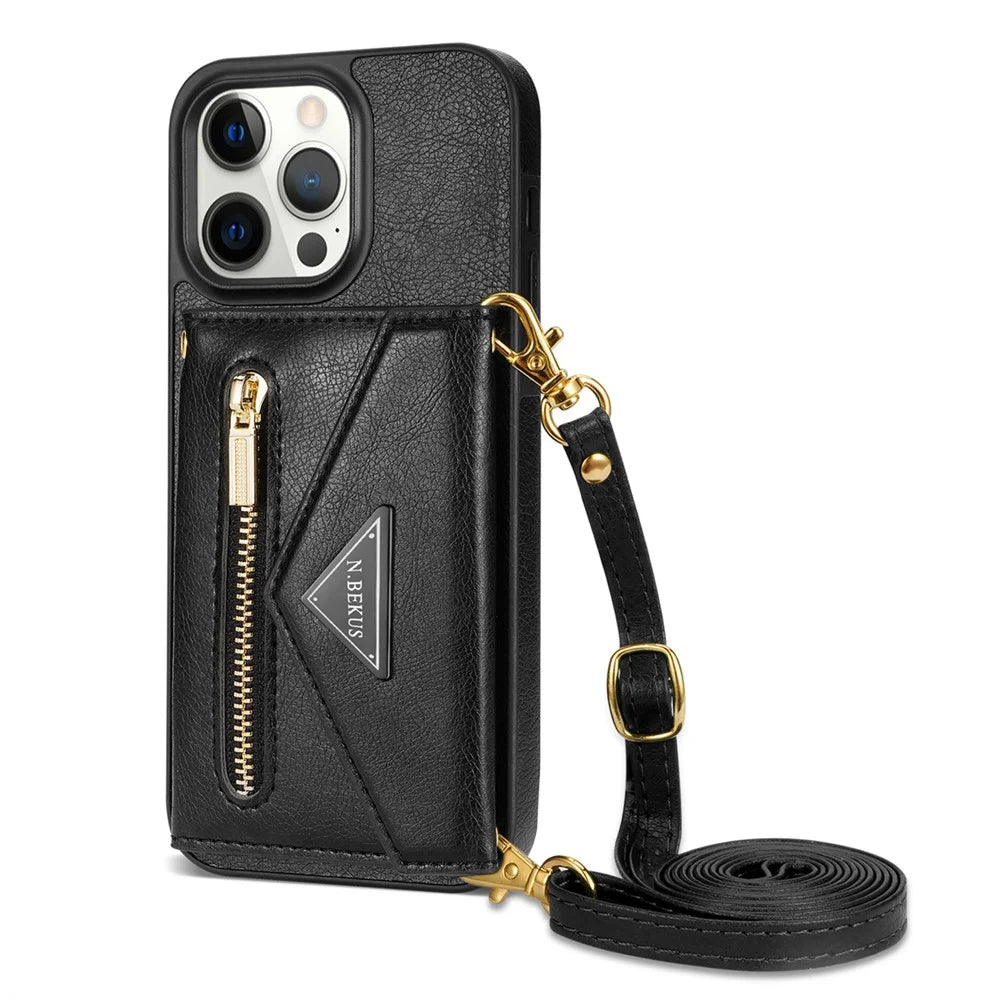 N.BEKUS Anti-drop Phone Cover for iPhone 15 Pro , Zipper Pocket Wallet Kickstand PU Leather+TPU Case with Shoulder Strap - Black - 2