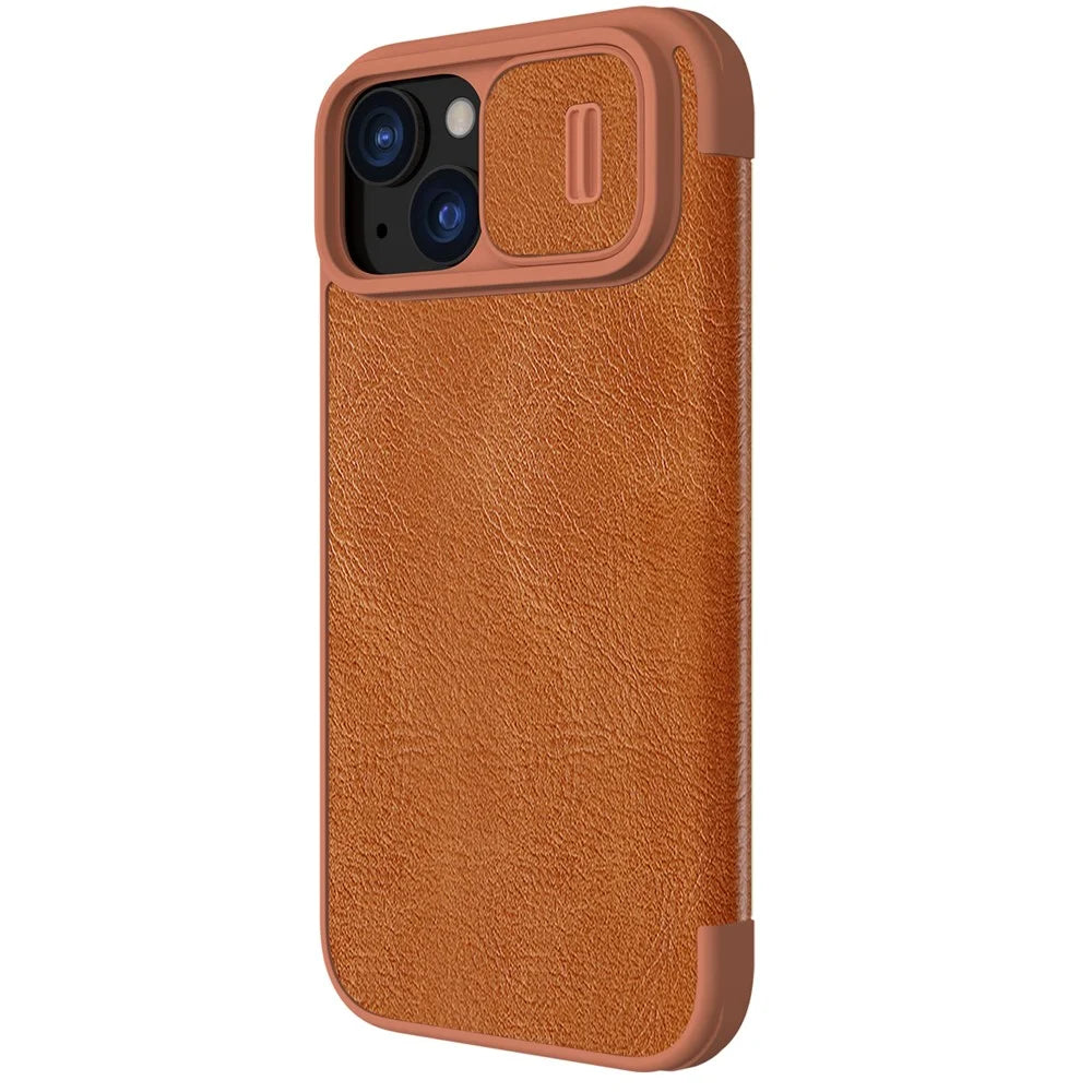 NILLKIN Qin Pro Series for iPhone 15 Plus Slide Camera Lid PU Leather Phone Case Protective Cover with Card Slot - Brown - 3