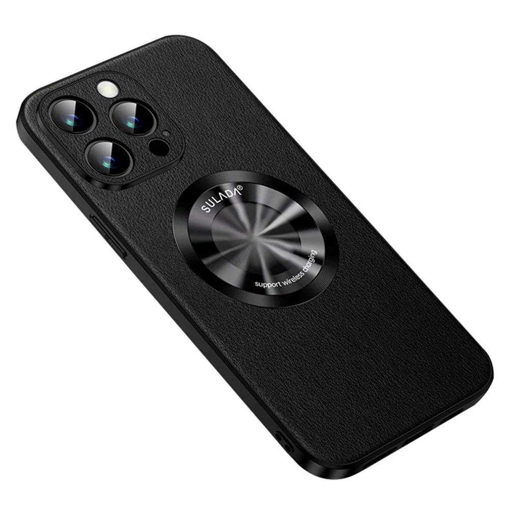 SULADA For iPhone 13 Pro 6.1 inch Anti-drop Phone Cover Compatible with MagSafe Cowhide Texture PU Leather Coated TPU Case - Black - 1