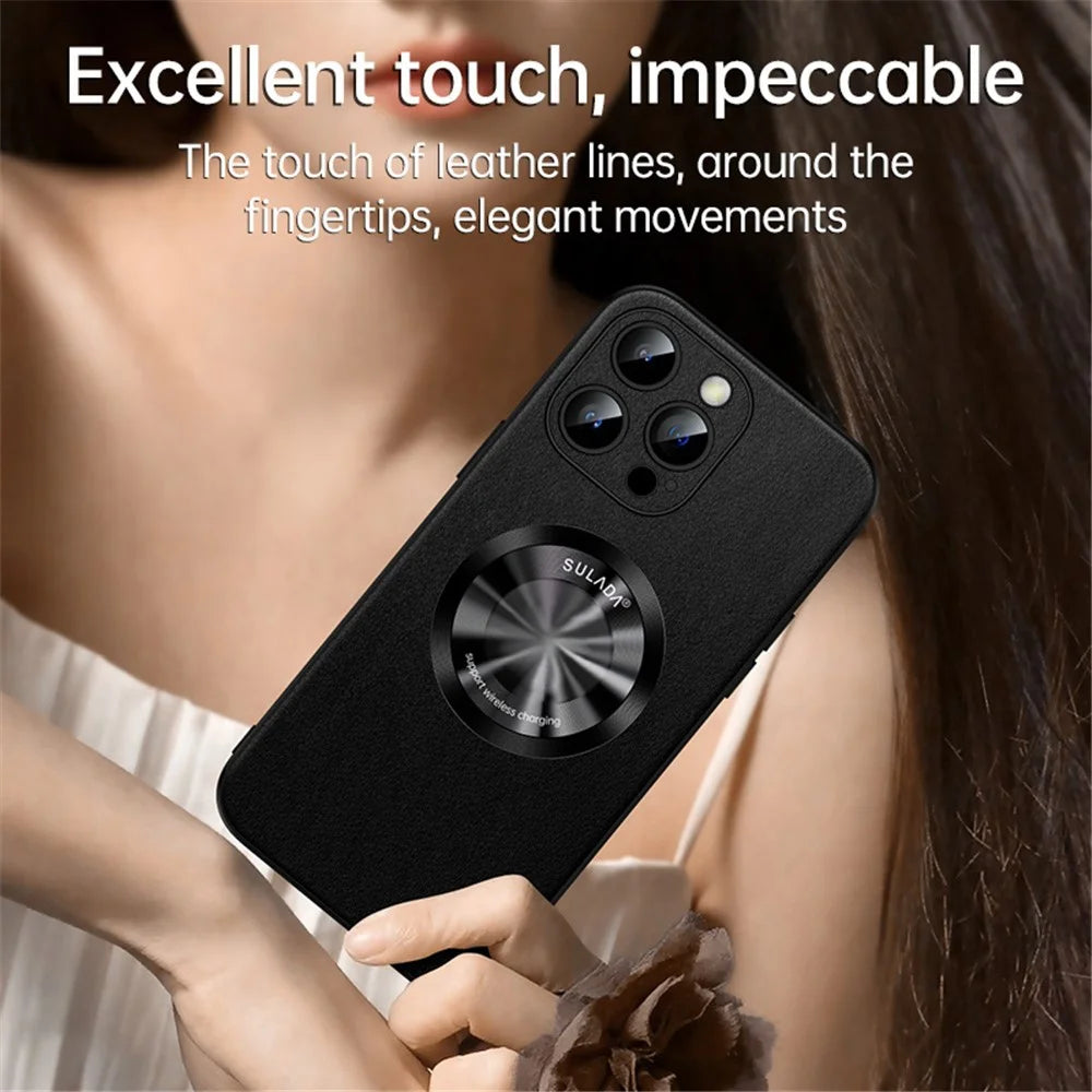 SULADA For iPhone 13 Pro 6.1 inch Anti-drop Phone Cover Compatible with MagSafe Cowhide Texture PU Leather Coated TPU Case - Black - 3