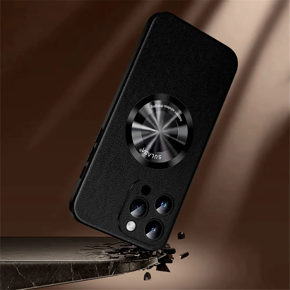 SULADA Phone Cover for iPhone 14 Pro , Compatible with MagSafe Cowhide Texture PU Leather Coated TPU Case - Black - 6