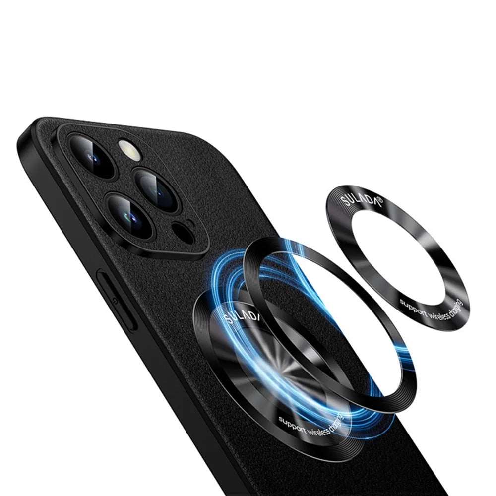 SULADA Phone Cover for iPhone 14 Pro , Compatible with MagSafe Cowhide Texture PU Leather Coated TPU Case - Black - 7