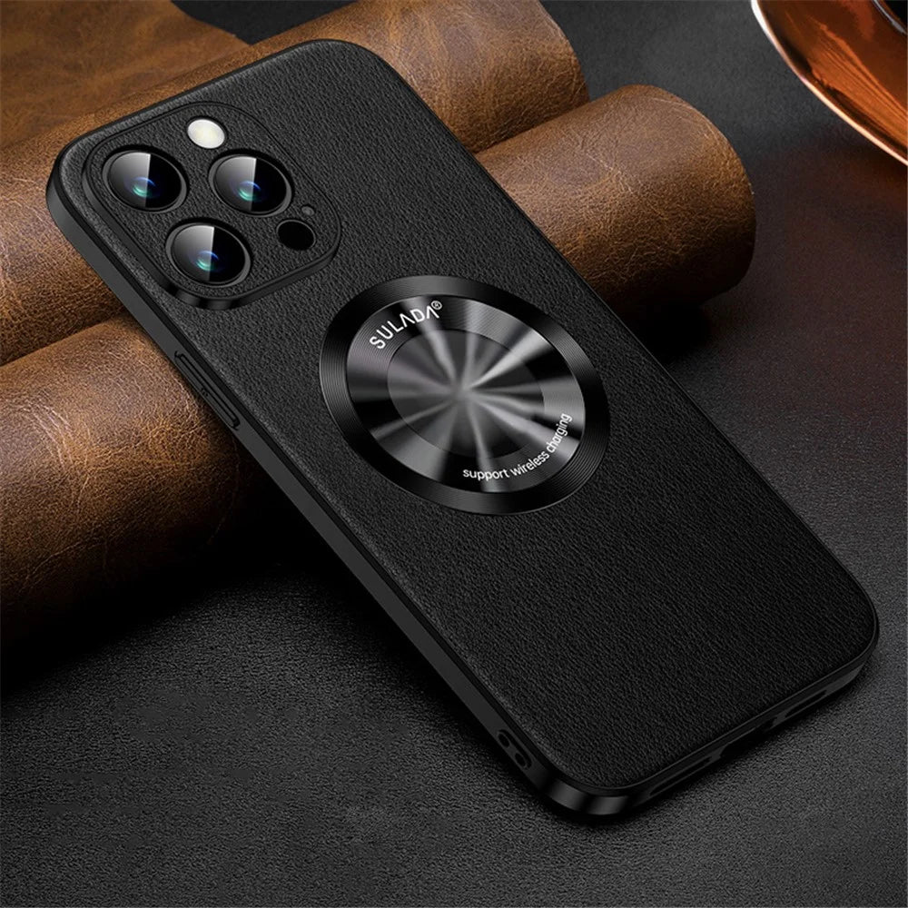 SULADA Phone Cover for iPhone 13 Pro Max 6.7 inch , Cowhide Texture PU Leather Coated TPU Case Compatible with MagSafe - Black - 2