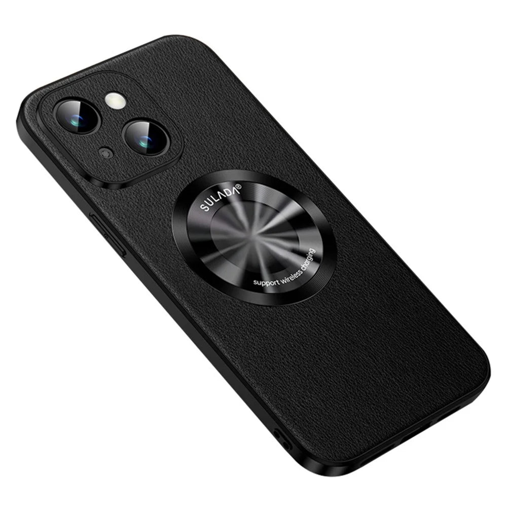 SULADA Phone Cover for iPhone 14 Plus , Anti-scratch Cowhide Texture PU Leather Coated TPU Case Compatible with MagSafe - Black - 1