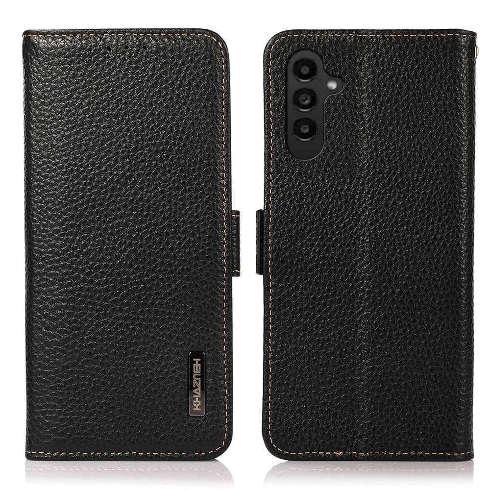 KHAZNEH For Samsung Galaxy F34 5G / M34 5G RFID Blocking Phone Case Stand Wallet Litchi Texture Genuine Cow Leather Cover - Black - 1