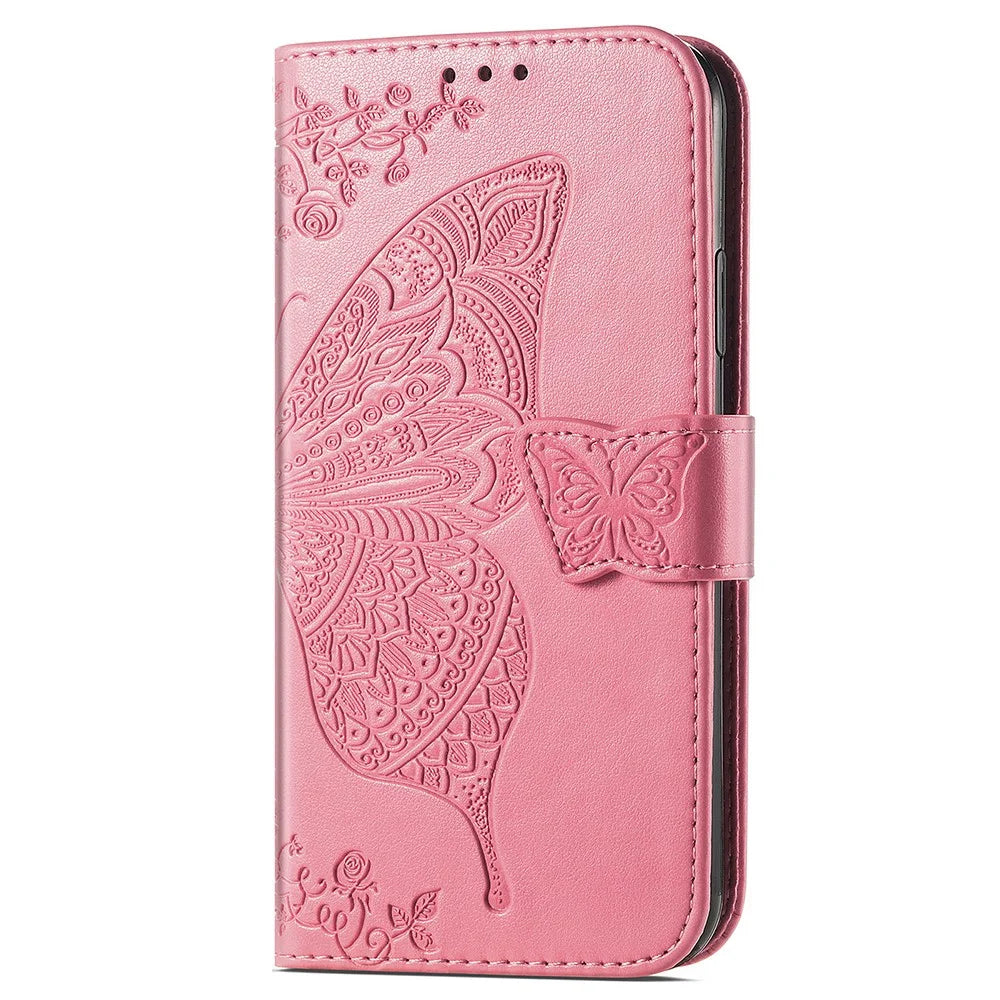 For iPhone 15 Butterfly Imprinted Phone Leather Case Wallet Stand Phone Cover - Pink - 4