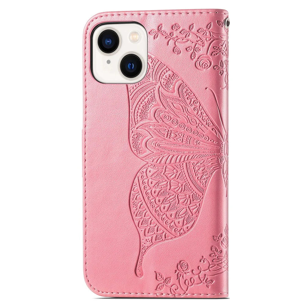 For iPhone 15 Butterfly Imprinted Phone Leather Case Wallet Stand Phone Cover - Pink - 5