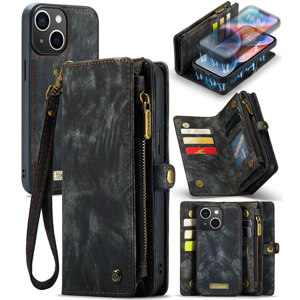 For iPhone 15 Plus Phone Cases CASEME 008 Leather Cover with Detachable Wallet and Strap - Black - 1