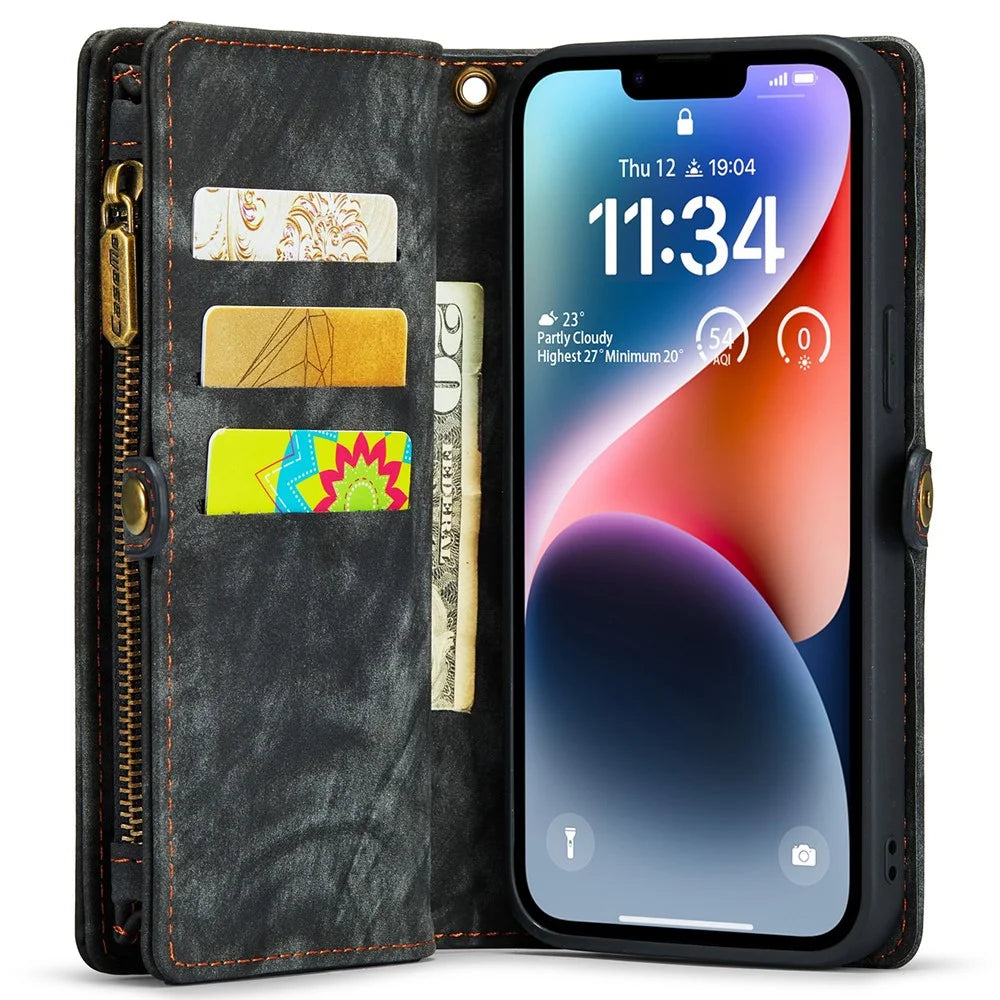 For iPhone 15 Plus Phone Cases CASEME 008 Leather Cover with Detachable Wallet and Strap - Black - 4