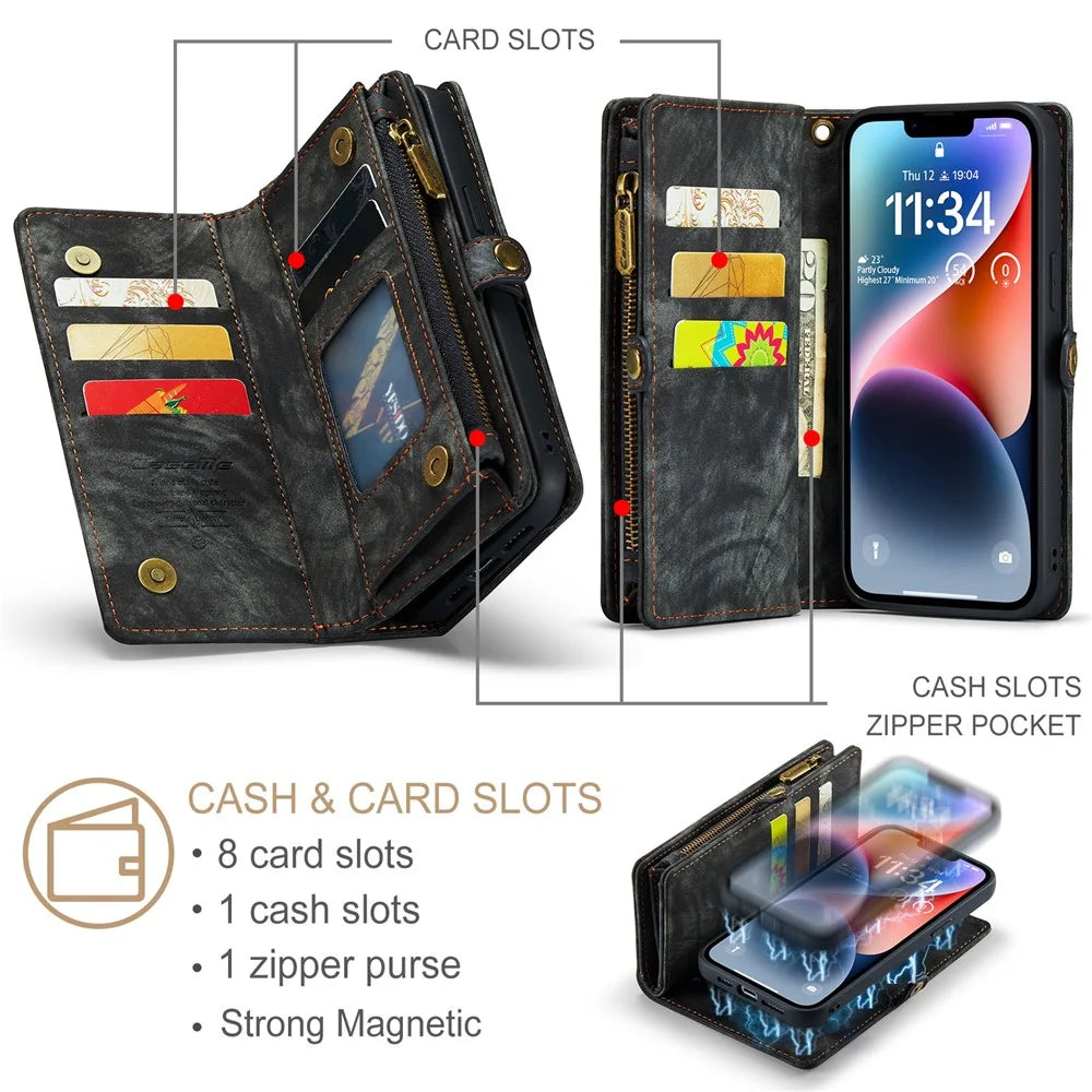 For iPhone 15 Plus Phone Cases CASEME 008 Leather Cover with Detachable Wallet and Strap - Black - 6