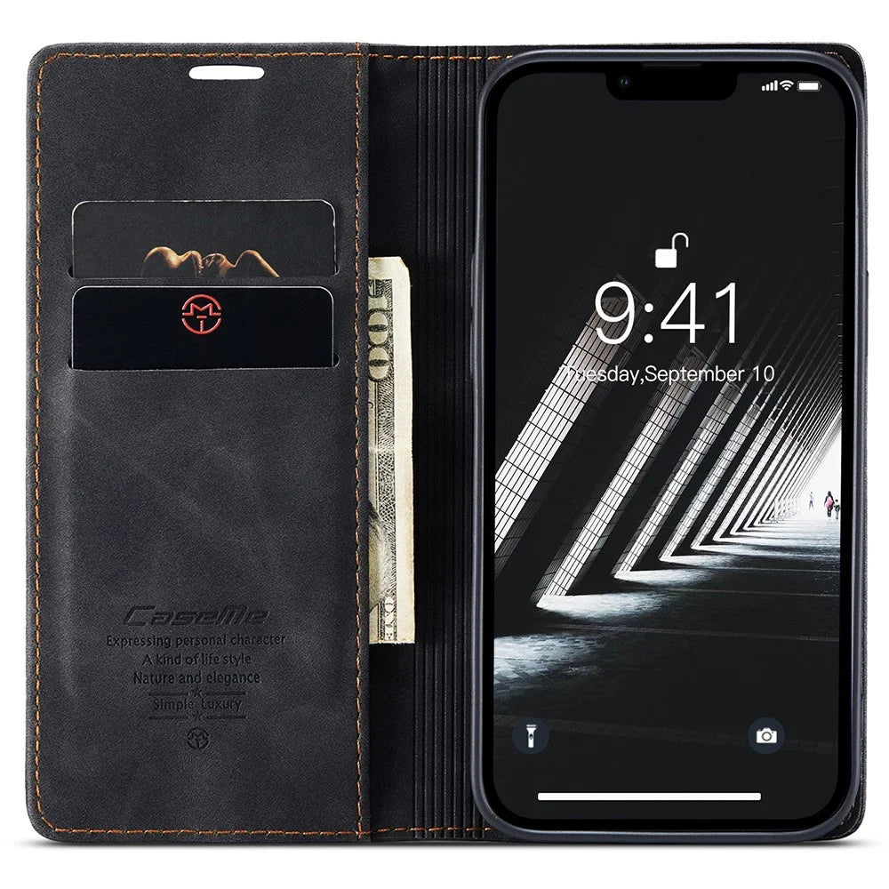 CASEME 013 Series For iPhone 15 Pro Max Leather Wallet Stand Phone Case Magnetic Closing Cover - Black - 2