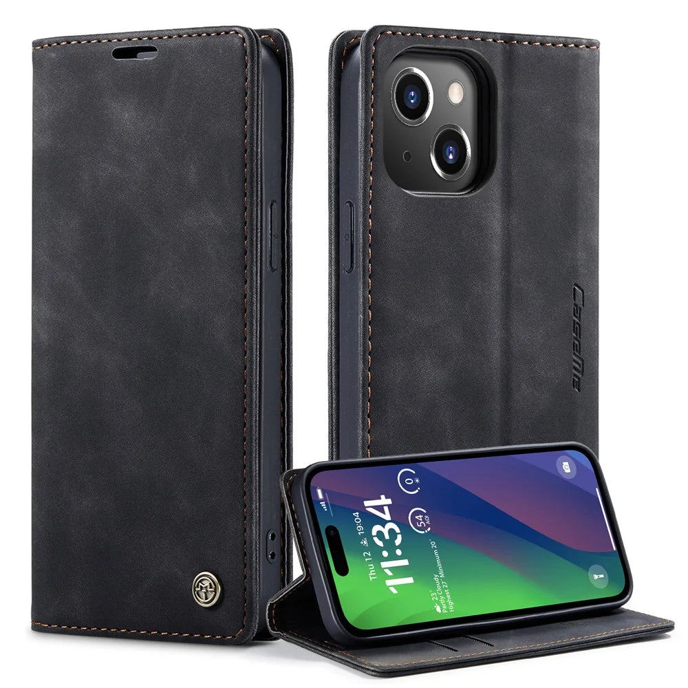 CASEME 013 Series For iPhone 15 Plus PU Leather Anti-drop Phone Case Folding Stand Wallet Cover - Black - 1