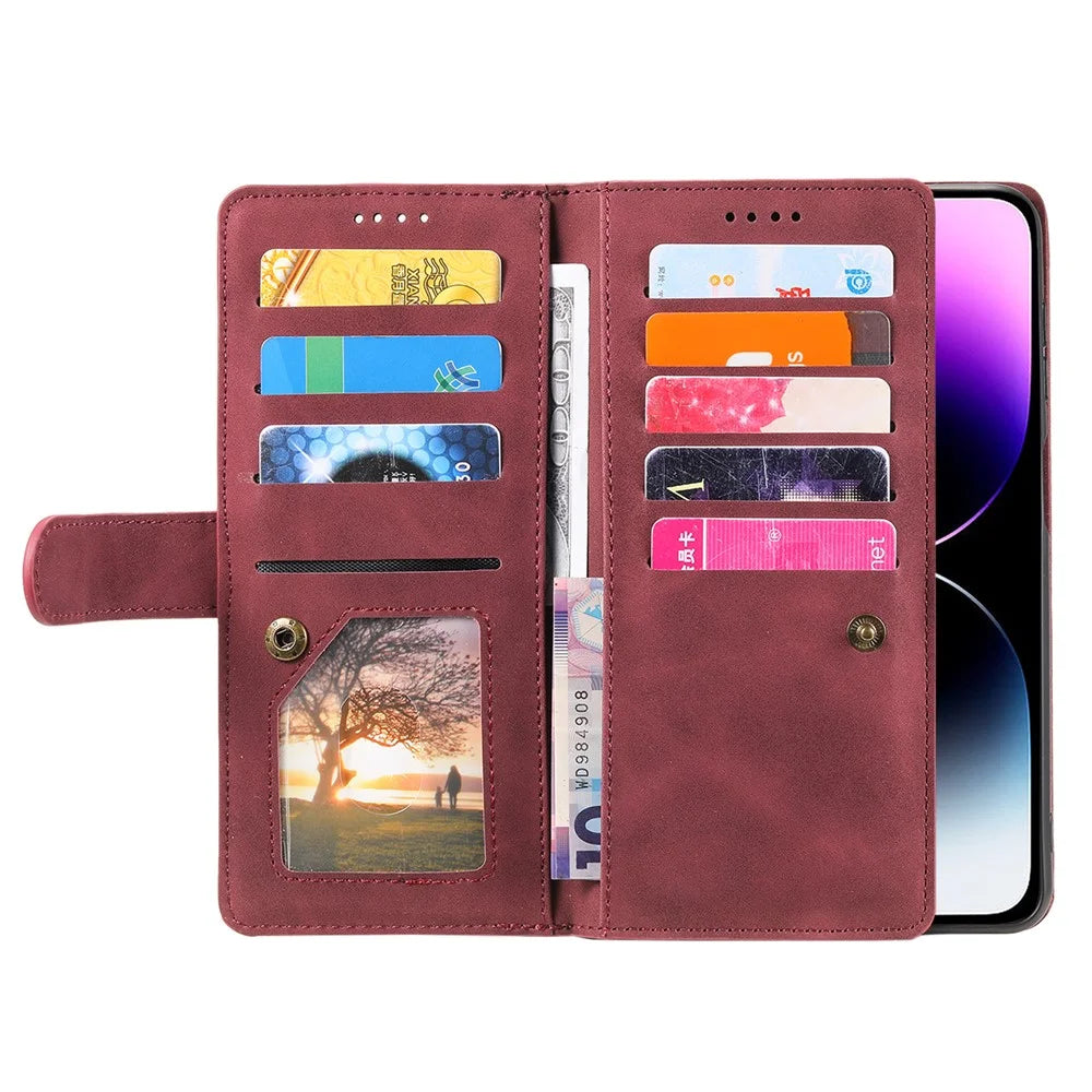 For iPhone 15 Plus Wallet Stand Cover Zipper Pocket 9 Card Slots Phone Shell PU Leather Case - Wine Red - 2